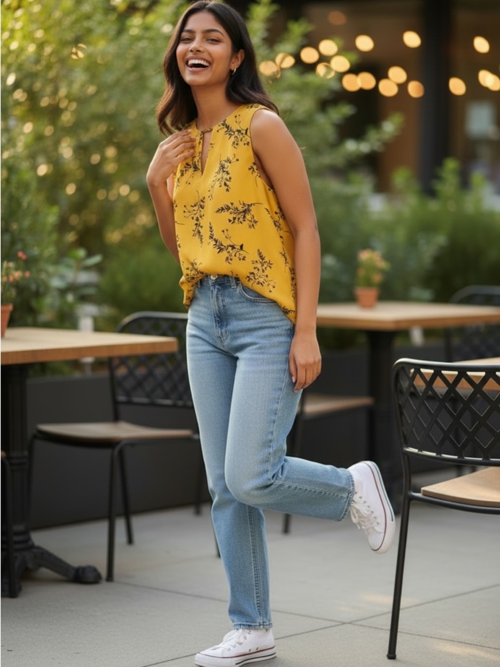 LILY MORGAN Sleeveless Yellow Floral Keyhole Blouse -size xl